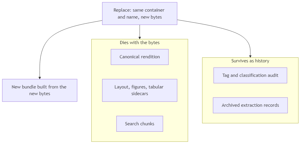 Replace splitting derived artifacts that die from history that survives, then a new bundle